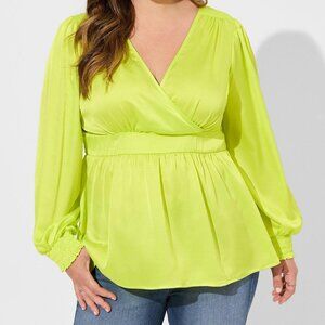 Satin Surplice Tie Cut Out Back Long Sleeve Blouse